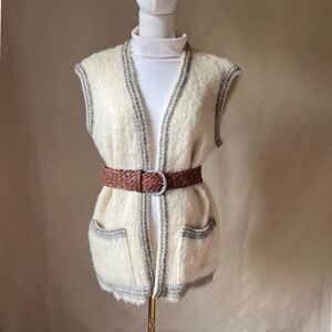 Vintage Knit Fleece Stobi Wool Vest Ivory Gray Trim Made in Europe Sz Small